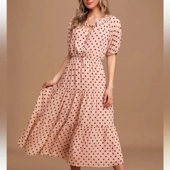 Lulus Love You Tier-ly Women's‎ Blush Pink Polka Dot Tiered Midi Dress Medium - Picture 1 of 12
